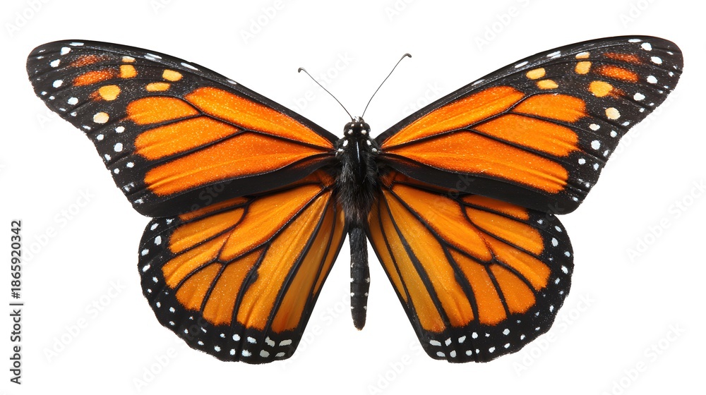 Fototapeta premium Close-up of a monarch butterfly displaying vibrant orange, black, and white markings on a white backdrop