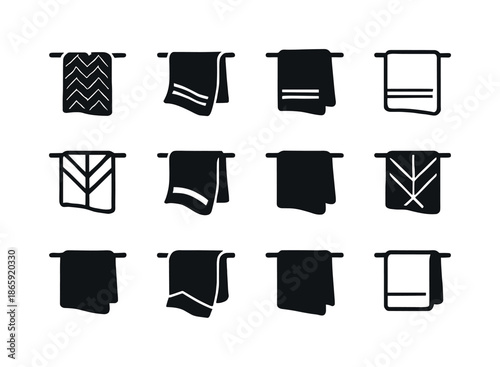 Towel Emblem Designs. Hanging a towel to dry. Icon set. Set Logo of hanging a towel to dry: fabric texture emblem. harmonious logo variations of the same