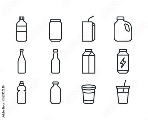 Beverage Packaging Icons. Beverage packaging. Line icon set of Beverage packaging: water bottle, soda can, juice box, milk jug, wine bottle, beer bottle,