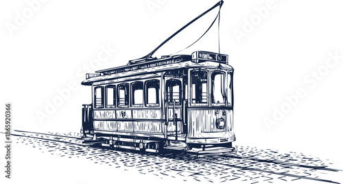 Vintage tram on cobblestone street sketch illustration streetcar trolley