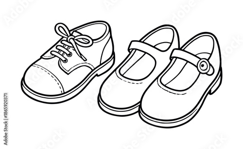 Vintage Shoes Coloring. Vintage shoes children?s coloring book illustration, outlined drawing, pair of classic lace-up shoes and Mary Janes, educational design