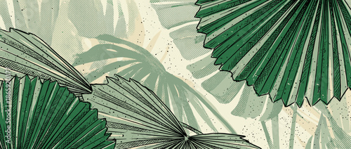 Green fan palm leaves in a graphic illustration with a retro comic book style, featuring halftone textures, bold outlines, and a muted color palette for a vintage tropical design