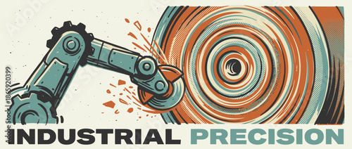 Powerful robotic arm with a grinding tool works on a spinning circular component, creating sparks in a dynamic, retro-style industrial vector art