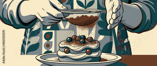 Hands holding a sieve dust cocoa powder onto a beautiful layered dessert with whipped cream and blueberries in a vintage comic book illustration style
