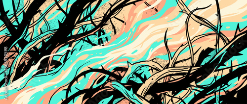 Abstract thorny black branches intertwine in a chaotic, graphic illustration with a vibrant pastel color palette of teal, peach, and cream with stippled texture details