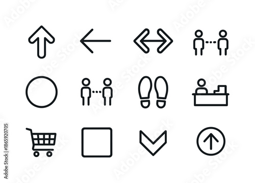 Checkout Line Floor Decals. Floor decals for checkout line. Line icon set of Floor decals for checkout line: arrow forward, arrow left, arrow right, stand here