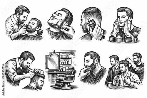 Barbershop illustrations with grooming and hairstyling scenes
