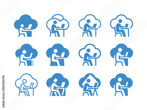 Cloud School Logos. Cloud-based school systems. Icon set. Set Logo of cloud-based school systems: remote learning desk. harmonious logo variations of the same