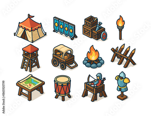 Isometric Battlefield Icons. Battlefield camp. Colorful isometric vector icons set of battlefield camp: command tent, shield wall, weapon crates, torch posts,