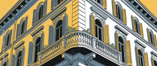 Classic European building corner illustration with a yellow and white facade, arched windows, open shutters, and an ornate balcony, depicted in a bold graphic novel style