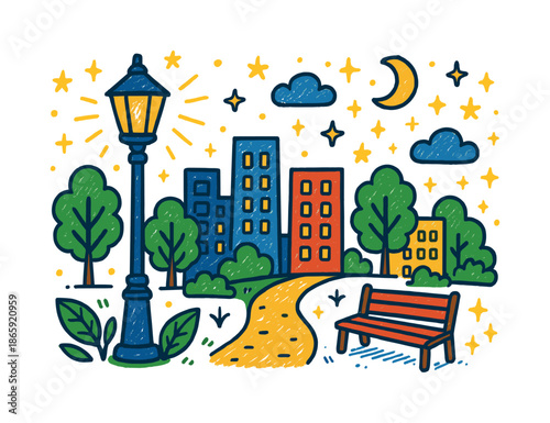 Colorful City Nightscape. City Night Light. Colorful Hand-drawn doodle Children illustration lamp post, tall buildings, glow lines, stars, moon, leaves,