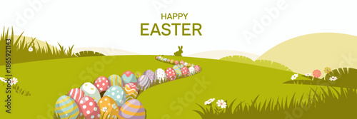 happy easter banner with an egg hunt path in a spring landscape vector illustration