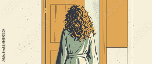 Woman with long wavy curly hair wearing a green robe stands before a closed wooden door in a retro comic book style illustration with halftone details and a muted color palette