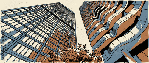 Two modern skyscraper illustrations with contrasting architectural styles, one with a grid facade and the other with wavy balconies, viewed from a low angle perspective