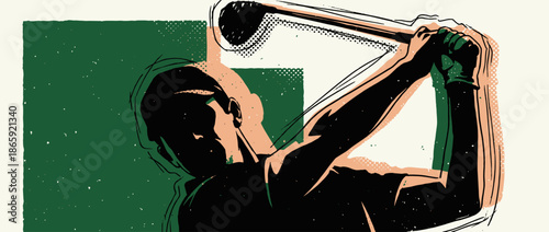 Stylized graphic illustration of a golfer swinging a club in a powerful motion, depicted in a retro comic book style with bold outlines, halftone dots, and a limited color palette
