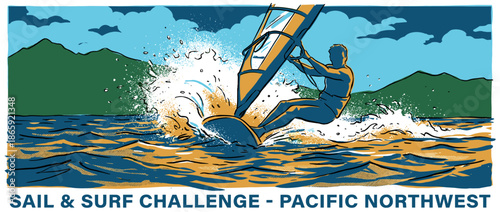 Graphic illustration of a windsurfer in a wetsuit skillfully riding a wave, creating a large splash on a windy day with mountains in the distance