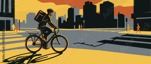 Food delivery courier on a bicycle rides through a city street at sunset with a large thermal bag, casting a long shadow as urban skyscraper silhouettes loom in the distance
