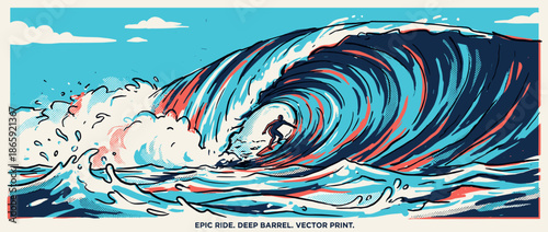 Graphic vector illustration of a surfer riding inside a huge, curling ocean wave in a retro comic book style with a limited color palette and halftone dot pattern