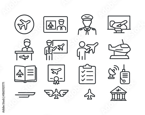 Aviation Line Icon Set. Airplane. Line icon set of Airplane: aviation school icon, pilot license, student pilot, flight instructor, classroom board, airplane