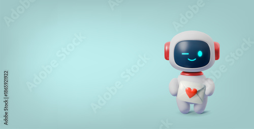 Cute 3D robot character holding heart with love. AI chatbot mascot for Valentines Day. Technology bot illustration with adorable expression and futuristic design.
