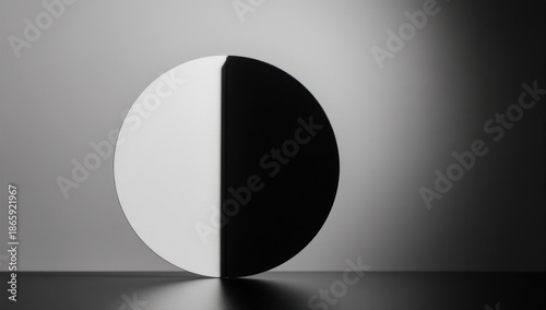 A grayscale circle, split in half, rests against a gradient background