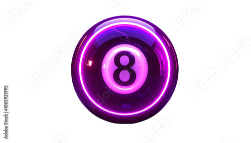 A glowing neon eight-ball on black background with bright highlights