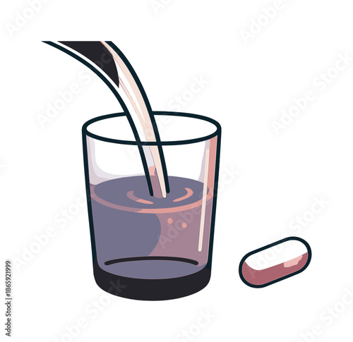 Hydration Moment. Glass of water moment. Smooth motion lines as water pours into a glass; a capsule glowing softly on the table. Calm gradients suggesting