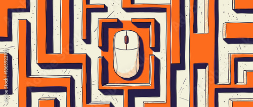 Computer mouse is trapped in the center of a complex orange and blue labyrinth, a retro hand-drawn illustration representing problem-solving, strategy, and online navigation