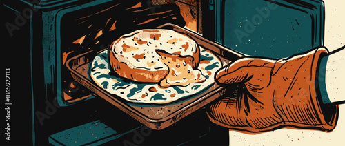 Warm baked wheel of gooey cheese on a tray is carefully removed from a hot oven by a hand in a protective mitt in a graphic comic book style illustration