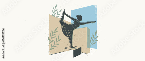 Stylized illustration of a woman practicing yoga in the Natarajasana pose, showing balance and flexibility in a serene, artistic composition with abstract shapes and foliage
