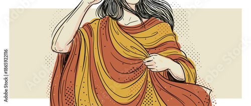 Hand-drawn illustration of a woman with long dark hair wrapped in flowing orange and yellow fabric in a retro comic book art style with halftone dot details