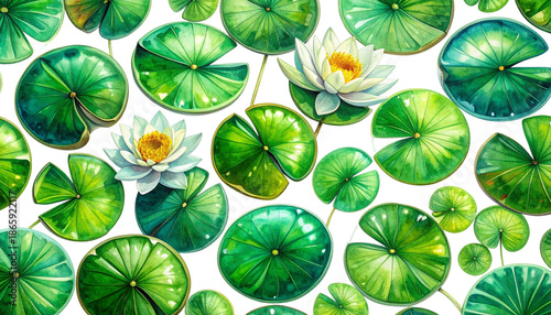 Watercolor-style painting of lily pads with two white, yellow-centered flowers
