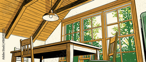 Rustic wooden dining table and chairs sit inside a cozy cabin with a slanted wood ceiling and a large window showing green trees in a graphic illustration style