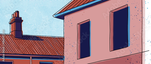 Pink urban building with a red roof and chimney depicted in a colorful pop art illustration style with bold outlines and a halftone dot pattern