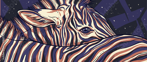 Stylized illustrated zebra head with colorful purple and brown stripes in a graphic comic book art style showing a detailed eye and mane with a dreamy, artistic mood
