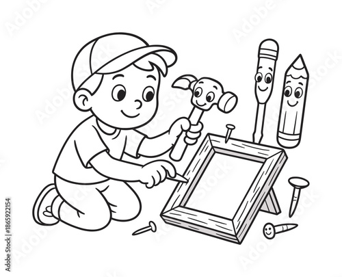 Kids Fixing Frame. Old frame repair children?s coloring book illustration, outlined drawing, child fixing a simple wooden picture frame with friendly tools