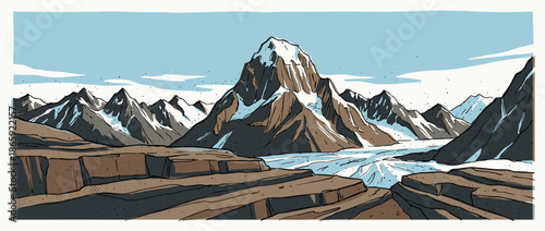 Majestic mountain range with snow-capped peaks illustrated in a bold, graphic comic book style with a glacier flowing through a rocky valley