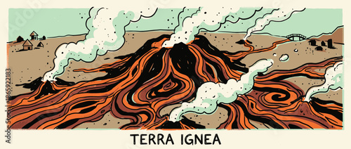 Stylized comic book illustration of an erupting volcano with orange lava flowing down its slopes towards a small village, spewing thick clouds of smoke and ash into the sky