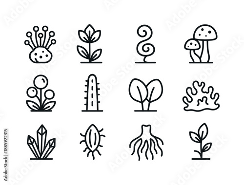 Martian Flora Icons. Martian flora. Line icon set of martian flora: spore plant, crystal flower, spiral vine, bioluminescent fungus, bubble pod