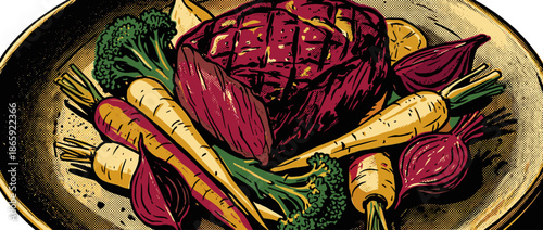 Delicious roasted ham with carrots, broccoli, and onions on a platter, depicted in a vintage pop art style with strong outlines and halftone shading for a graphic novel effect