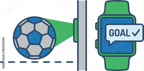 Goal-line technology concept depicting a soccer ball detected by a goal post sensor, sending a goal confirmation to a referee's smartwatch, vector illustration.