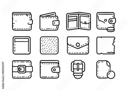 Leather Wallet Icons. old leather wallet. Line icon set of old leather wallet: worn wallet, folded wallet, open wallet, coin pocket, card slot, stitching