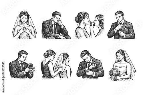 Set of elegant wedding couple illustrations in vintage style