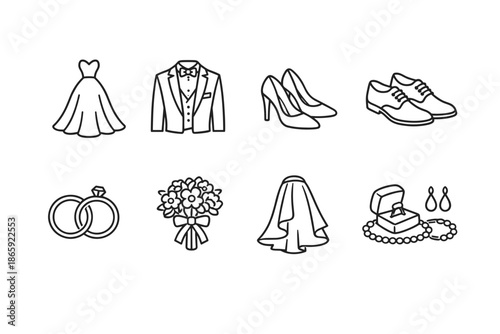 Wedding icons set featuring dress, suit, shoes, and rings