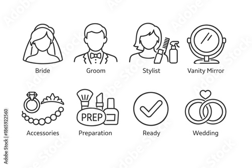 Line art wedding icons including bride, groom, and accessories