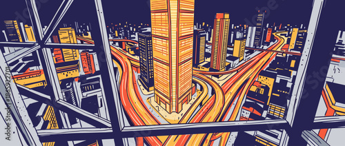 Stylized cityscape illustration of a futuristic metropolis at night with illuminated skyscrapers and dynamic, interwoven highways viewed from a high-angle perspective