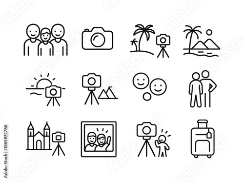 Family Vacation Icons. Taking a family vacation photo. Line icon set of Taking a family vacation photo: family group, camera setup, tripod stand, sunset