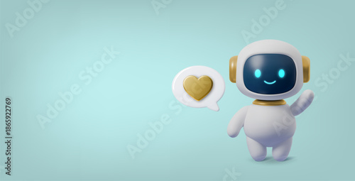 Cute 3D robot character with heart bubble and friendly wave. AI chatbot mascot icon for virtual agent, tech support, or digital assistant interface design.