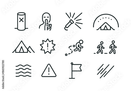 Enemy Camp Icons. enemy camp under attack. Line icon set of enemy camp under attack: boundary marker, silent warning icon, directional flare, defensive arc,