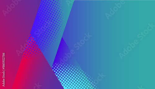 Vibrant abstract background with geometric shapes and halftone patterns in blue, red, and purple tones